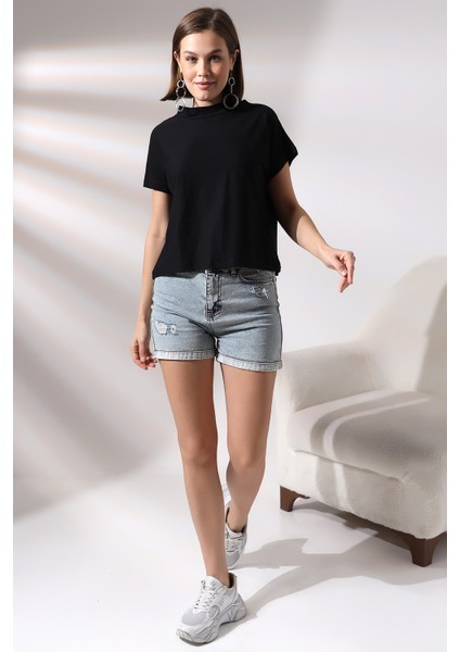 Dik Yaka Pamuklu T-Shirt 19588 Siyah
