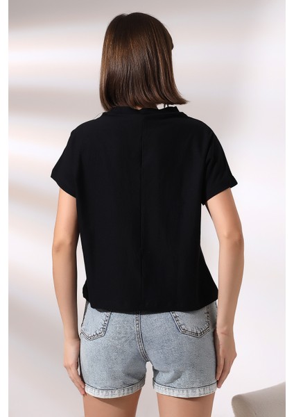 Dik Yaka Pamuklu T-Shirt 19588 Siyah fırsatları