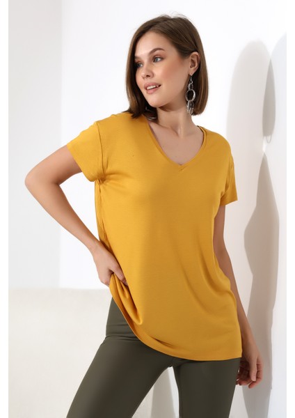 Salaş V Yaka Kısa Kol T-Shirt 19410 Hardal fiyatları