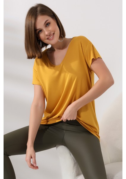 Salaş V Yaka Kısa Kol T-Shirt 19410 Hardal modelleri