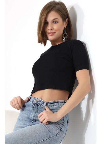 Pamuklu Ribana Bisiklet Yaka Crop T-Shirt 21560 Siyah fiyatları