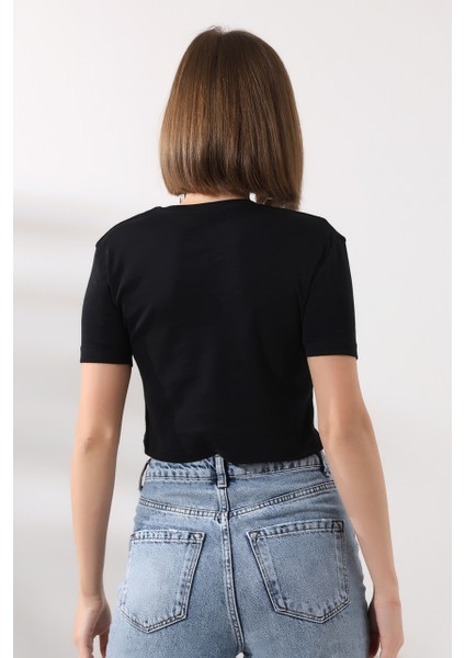 Pamuklu Ribana Bisiklet Yaka Crop T-Shirt 21560 Siyah fırsatları