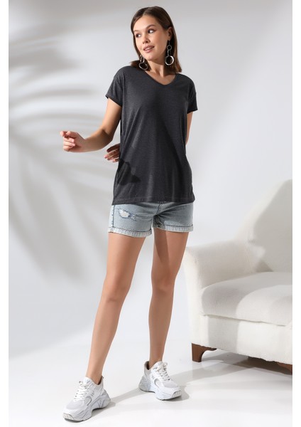 Salaş V Yaka Kısa Kol T-Shirt 19410 Antrasitmelanj
