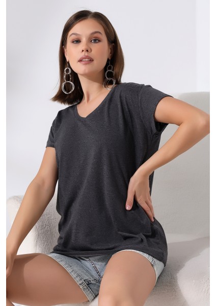 Salaş V Yaka Kısa Kol T-Shirt 19410 Antrasitmelanj fiyatları