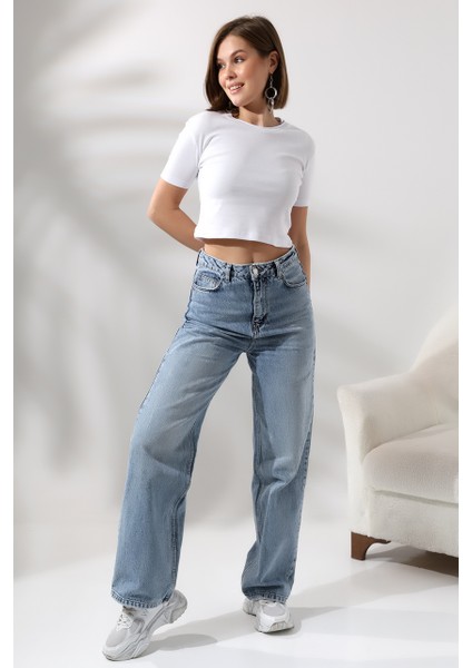 Pamuklu Ribana Bisiklet Yaka Crop T-Shirt 21560 Beyaz