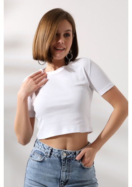 Pamuklu Ribana Bisiklet Yaka Crop T-Shirt 21560 Beyaz fiyatları
