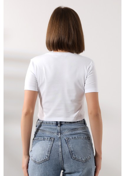 Pamuklu Ribana Bisiklet Yaka Crop T-Shirt 21560 Beyaz fırsatları