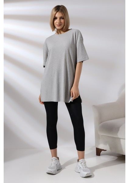 Oversize Yırtmaçlı Raporlu Tunik T-Shirt 21493 Grimelanj