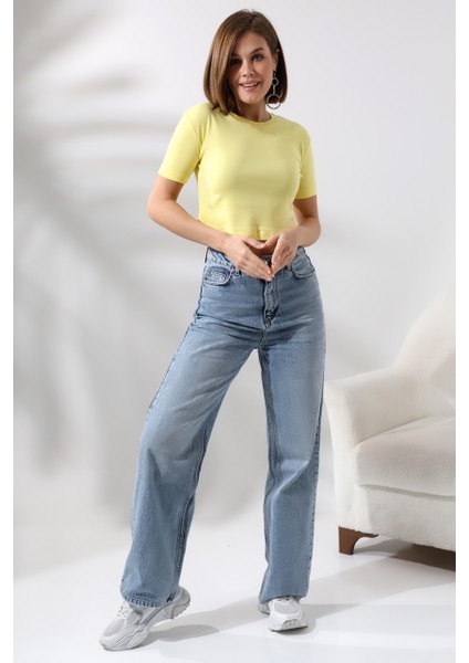 Pamuklu Ribana Bisiklet Yaka Crop T-Shirt 21560 Açık Sarı