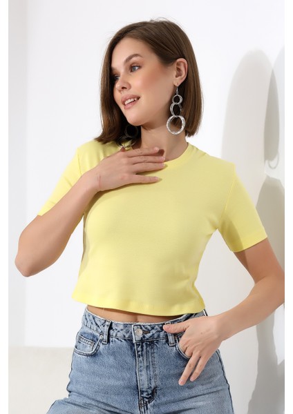 Pamuklu Ribana Bisiklet Yaka Crop T-Shirt 21560 Açık Sarı fiyatları