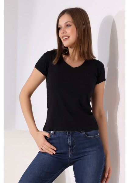 Pamuklu V Yaka Kısa Kol Basic T-Shirt 21043 Siyah modelleri