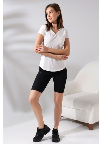 Pis V Yaka Kısa Kol Cepli Basic T-Shirt 21065 Ekru