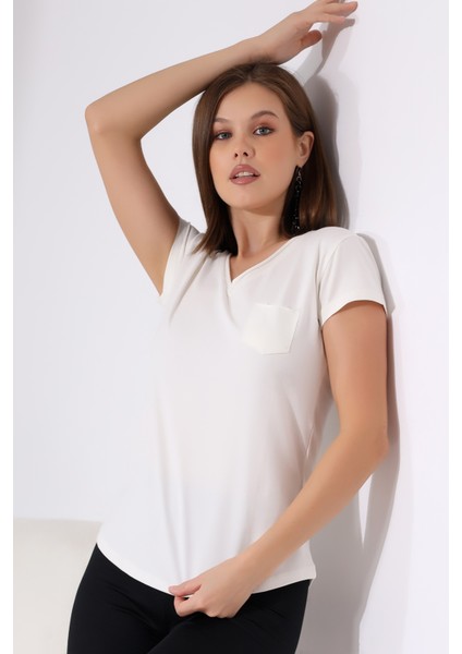 Pis V Yaka Kısa Kol Cepli Basic T-Shirt 21065 Ekru fiyatları