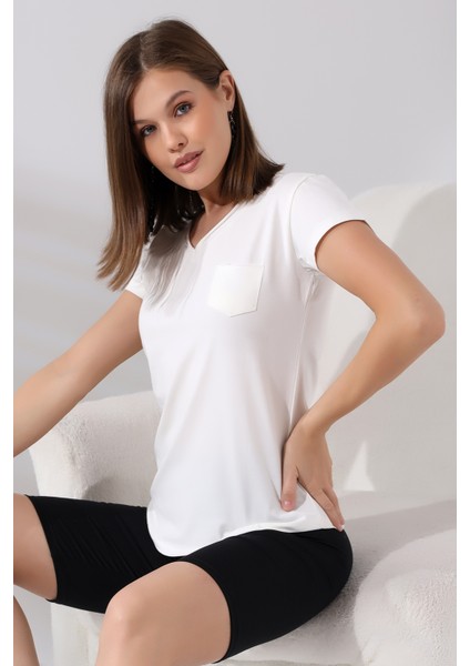 Pis V Yaka Kısa Kol Cepli Basic T-Shirt 21065 Ekru modelleri