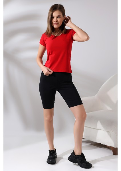 Pis V Yaka Kısa Kol Cepli Basic T-Shirt 21065 Kırmızı
