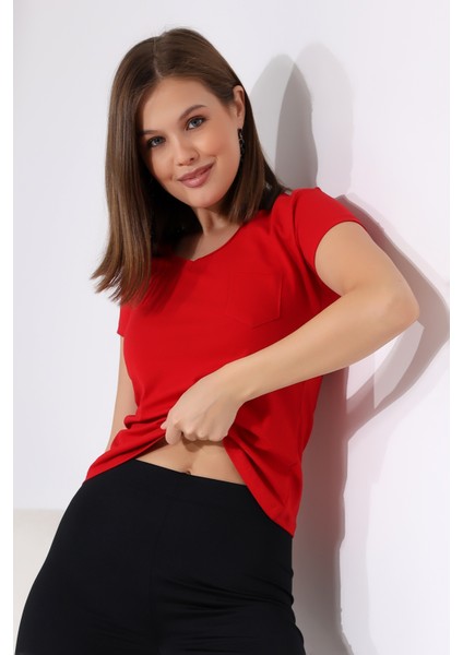 Pis V Yaka Kısa Kol Cepli Basic T-Shirt 21065 Kırmızı fiyatları