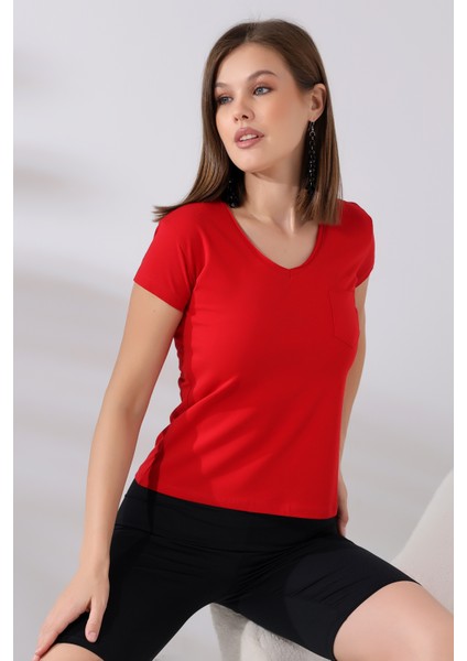 Pis V Yaka Kısa Kol Cepli Basic T-Shirt 21065 Kırmızı modelleri