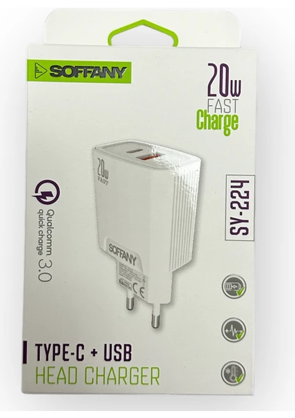 20W Fast Charge Type-C +Usb Girişli Şarj Başlığı