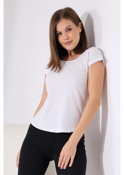 Arkası Çapraz Biye Detaylı U Yaka Kısa Kol T-Shirt 21218 Beyaz fiyatları