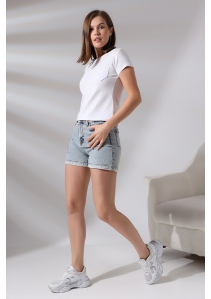 Pis Bisiklet Yaka Kısa Kol Cepli Basic T-Shirt 21066 Beyaz