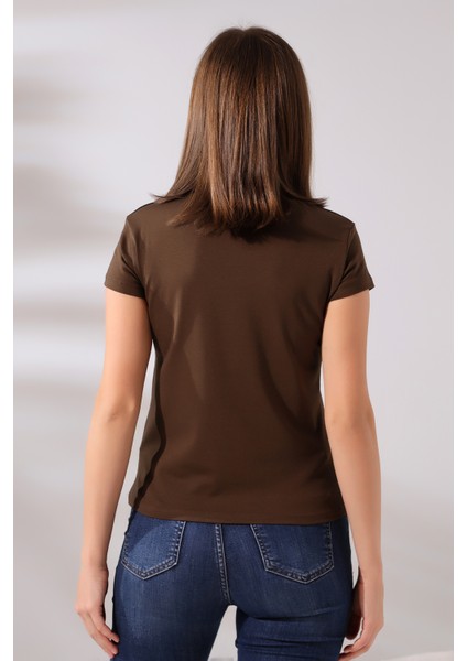 Pamuklu V Yaka Kısa Kol Basic T-Shirt 21043 Kahve fırsatları