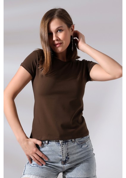Bisiklet Yaka Kısa Kol Basic T-Shirt 21060 Kahve