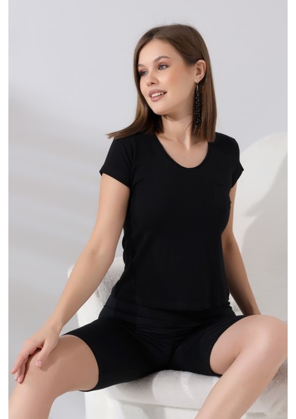 Pis V Yaka Kısa Kol Cepli Basic T-Shirt 21065 Siyah fiyatları