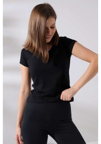 Pis V Yaka Kısa Kol Cepli Basic T-Shirt 21065 Siyah modelleri