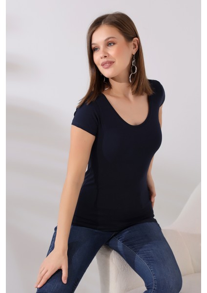 U Yaka Kısa Kol Basic T-Shirt 20511 Lacivert modelleri