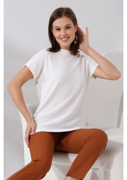Bürümcük Kumaş Dik Yaka T-Shirt 21122 Ekru modelleri