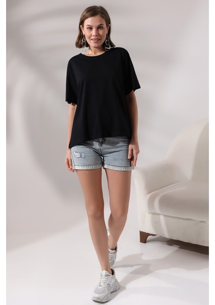 Salaş Pamuklu Yarasa Kol T-Shirt 21571 Siyah