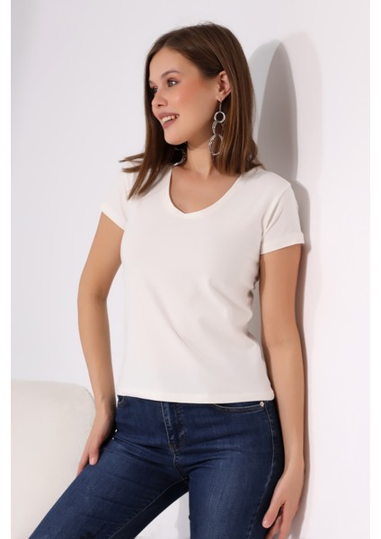 Pamuklu V Yaka Kısa Kol Basic T-Shirt 21043 Ekru fiyatları