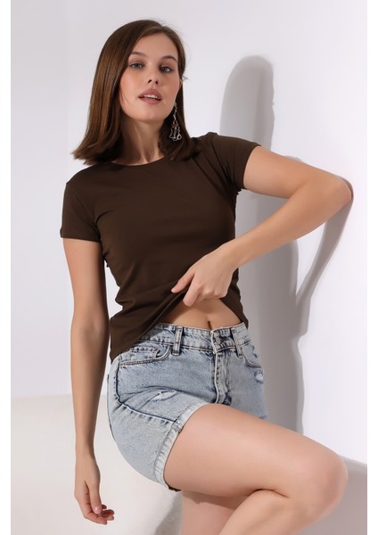 Bisiklet Yaka Kısa Kol Basic T-Shirt 21060 Kahve modelleri