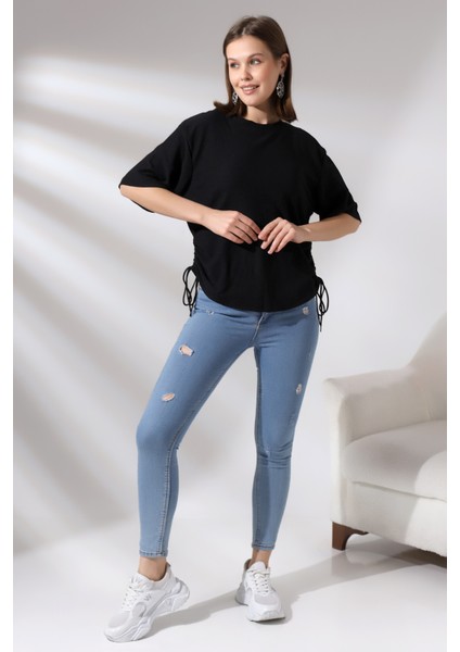 Bürümcük Kumaş Yanları Büzgülü Salaş T-Shirt 21118 Siyah