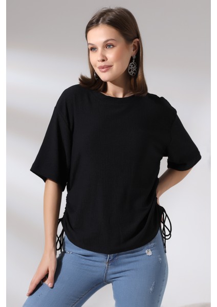 Bürümcük Kumaş Yanları Büzgülü Salaş T-Shirt 21118 Siyah fiyatları