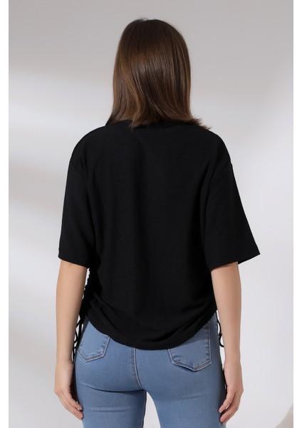 Bürümcük Kumaş Yanları Büzgülü Salaş T-Shirt 21118 Siyah fırsatları
