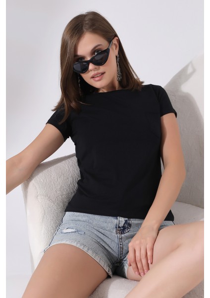 Pis Bisiklet Yaka Kısa Kol Cepli Basic T-Shirt 21066 Siyah
