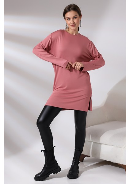 Uzun Kol Yırtmaçlı Bisiklet Yaka Likralı Tunik 20398 Soğan