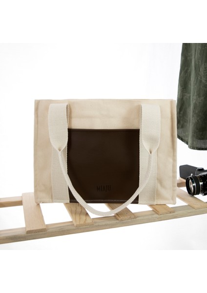 Deri Cepli Kanvas Tote Bag, Orta Boy Krem-Koyu Kahve Kadın Kol ve Omuz Çantası, 35X25 Cm, Iç Cepli