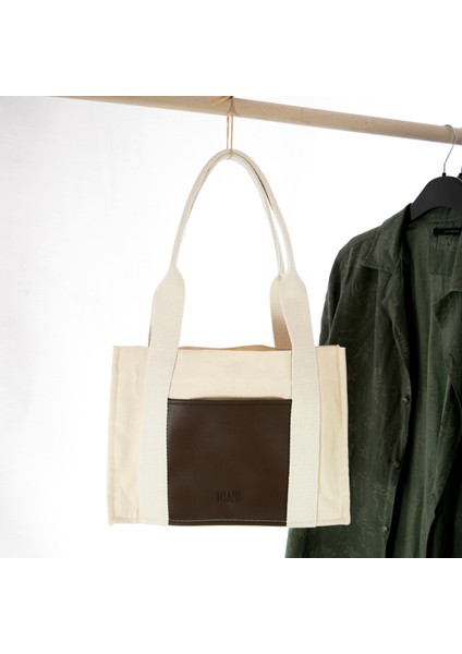 Deri Cepli Kanvas Tote Bag, Orta Boy Krem-Koyu Kahve Kadın Kol ve Omuz Çantası, 35X25 Cm, Iç Cepli fiyatları