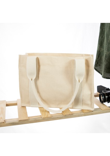 Deri Cepli Kanvas Tote Bag, Orta Boy Krem-Koyu Kahve Kadın Kol ve Omuz Çantası, 35X25 Cm, Iç Cepli modelleri