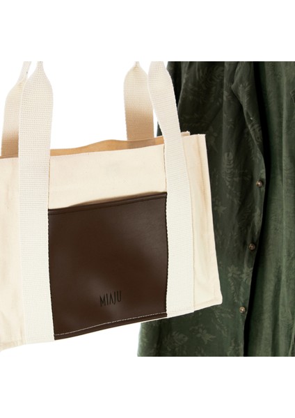 Deri Cepli Kanvas Tote Bag, Orta Boy Krem-Koyu Kahve Kadın Kol ve Omuz Çantası, 35X25 Cm, Iç Cepli indirimleri