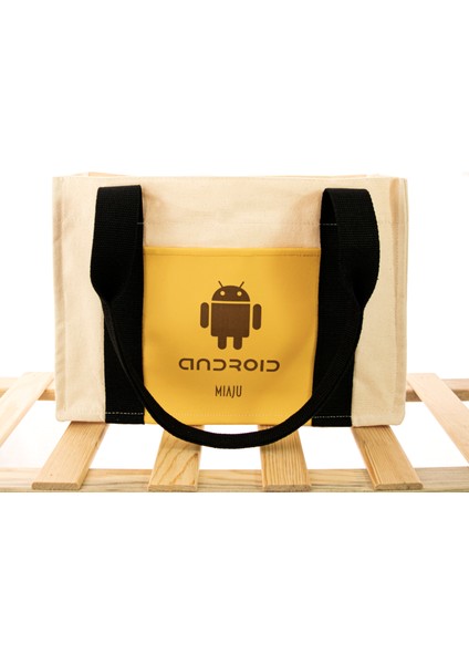 Android Desenli Deri Cepli Kanvas Tote Bag, Orta Boy Kadın Kol ve Omuz Çantası, 35X25 Cm, Iç Cepli