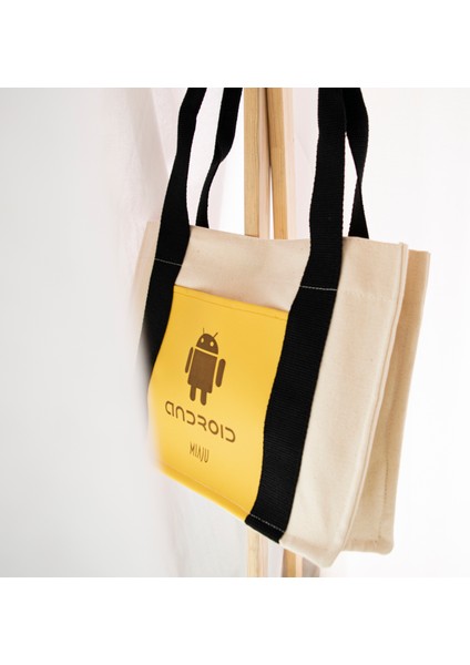 Android Desenli Deri Cepli Kanvas Tote Bag, Orta Boy Kadın Kol ve Omuz Çantası, 35X25 Cm, Iç Cepli