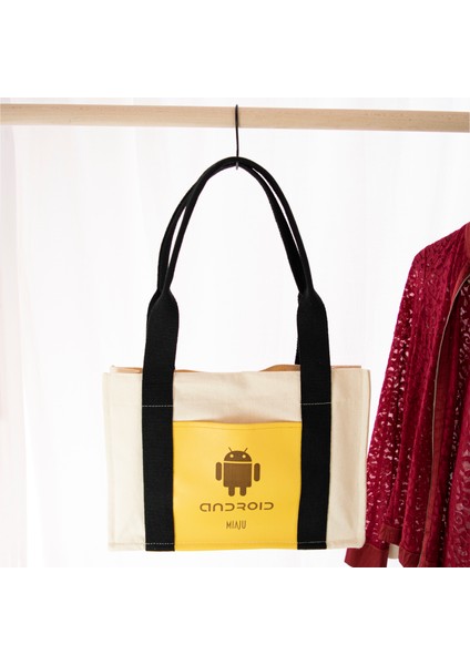 Android Desenli Deri Cepli Kanvas Tote Bag, Orta Boy Kadın Kol ve Omuz Çantası, 35X25 Cm, Iç Cepli