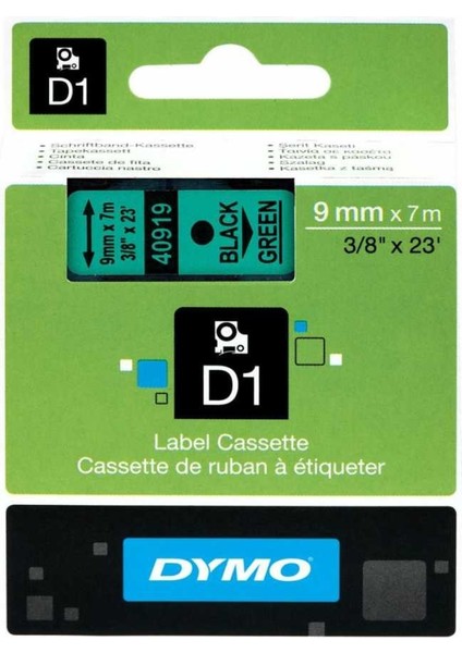 Dymo D1 40919 S0720740 9 mm x 7 mt Muadil Yeşil Etikete Siyah Yazı Şerit Etiket Kaseti