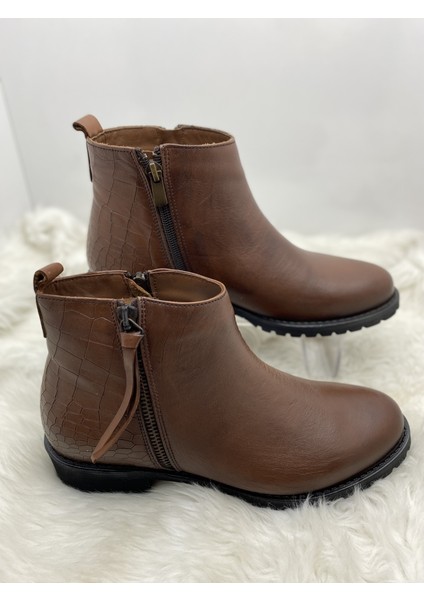 Deri Taba Çift Fermuarlı Püskül Detaylı Bilek Boy Bot (B1A) - Taba - 38 - St00942-Taba-38