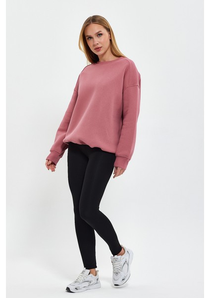 Gül Kurusu Sweatshirt, Oversize Sweatshirt, Kadın Sweatshirt, Bisiklet Yaka Sweatshirt
