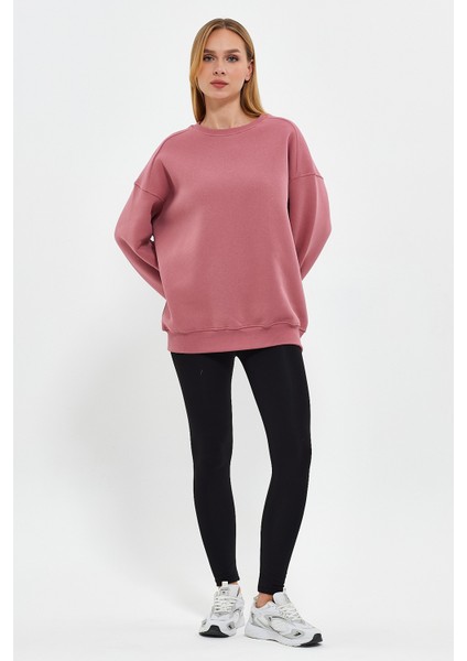 Gül Kurusu Sweatshirt, Oversize Sweatshirt, Kadın Sweatshirt, Bisiklet Yaka Sweatshirt