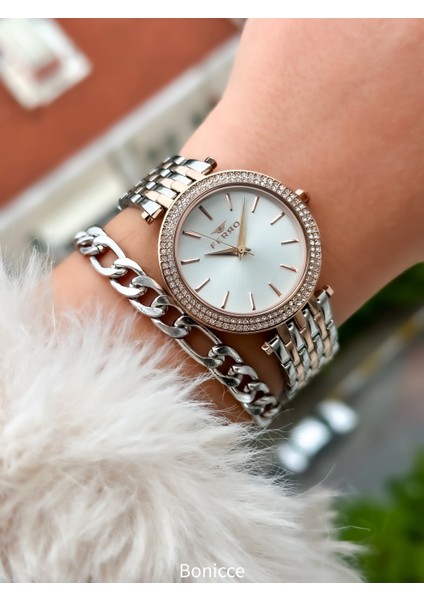 Marka Yeni Sezon Rose Renk, Çelik Kordon, Kutusunda Sade Model Kadın Kol Saati+Bileklik